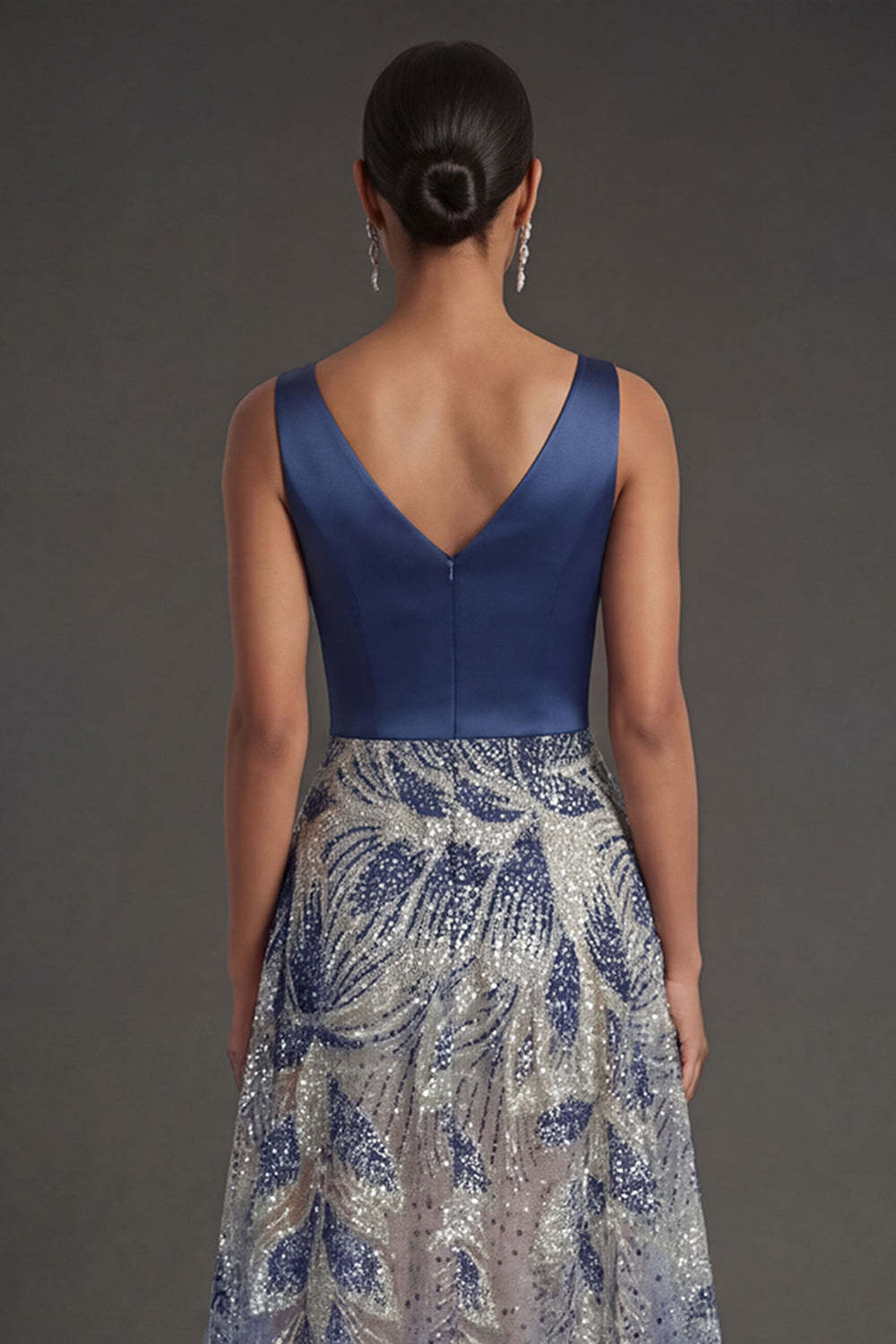 A Line Sparkly Beaded V Neck Navy Long Formal Dress