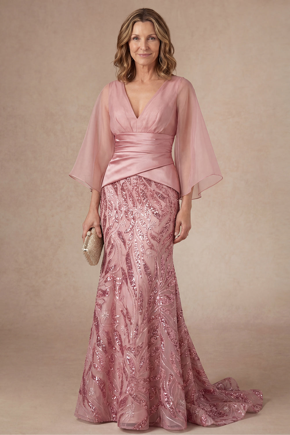 Pink Floral Mermaid Appliqued V Neck Long Mother of the Bride Dress