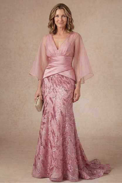Leely Women Pink Floral Mermaid V Neck Long Mother of the Bride Dress Appliqued Flutter Sleeves Wedding Guest Dress