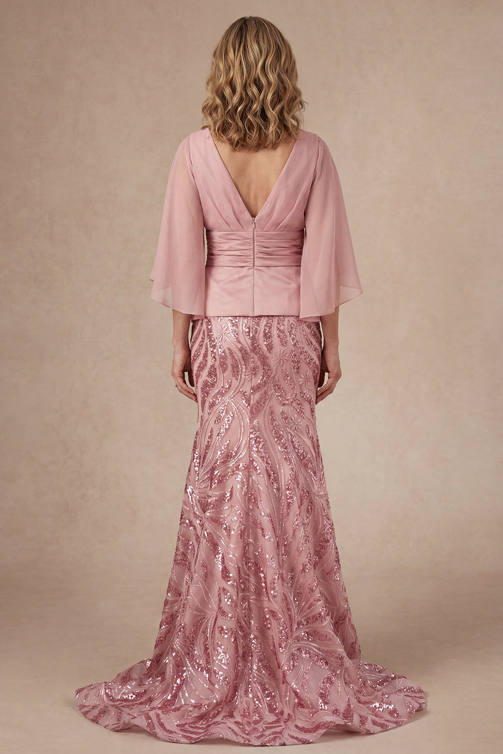 Pink Floral Mermaid Appliqued V Neck Long Mother of the Bride Dress