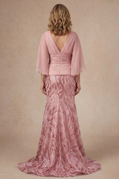 Pink Floral Mermaid Appliqued V Neck Long Mother of the Bride Dress