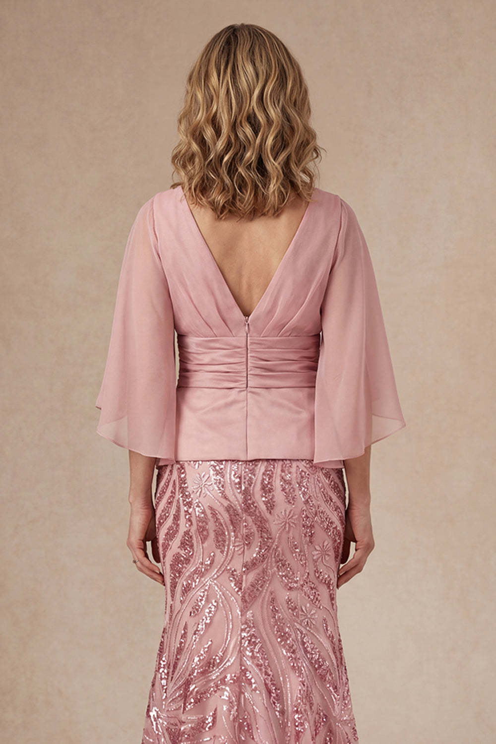 Pink Floral Mermaid Appliqued V Neck Long Mother of the Bride Dress