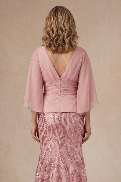 Pink Floral Mermaid Appliqued V Neck Long Mother of the Bride Dress
