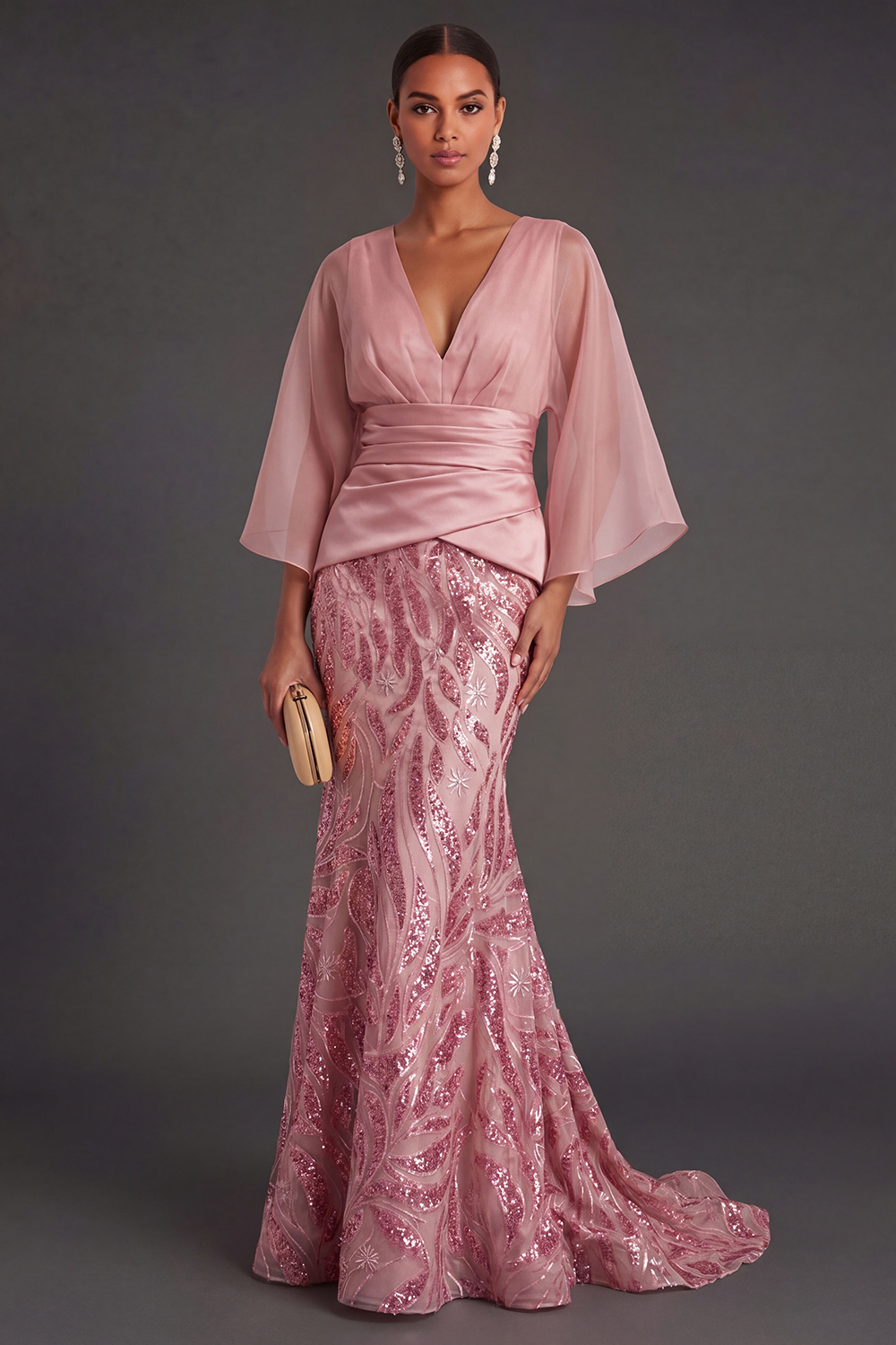 Pink Floral Mermaid Appliqued V Neck Long Formal Dress