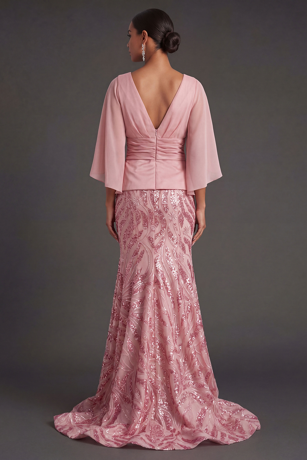 Pink Floral Mermaid Appliqued V Neck Long Formal Dress