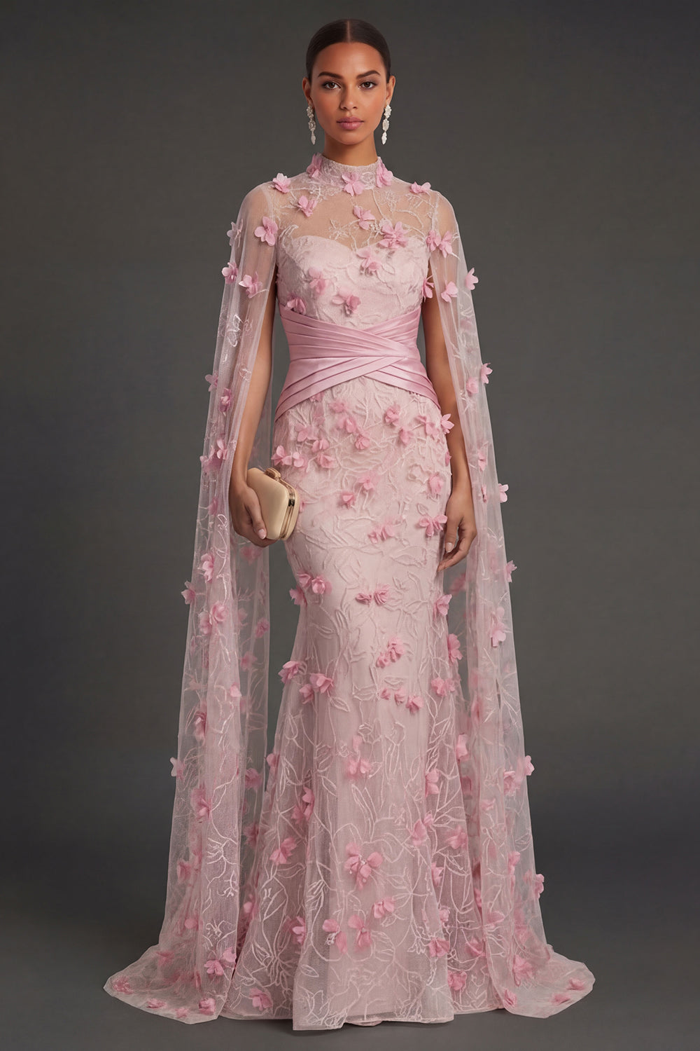 Leely Women Pink Floral Sheath Long Formal Dress with Cape Illusion Neck Appliqued Sleeveless Wedding Guest Dress