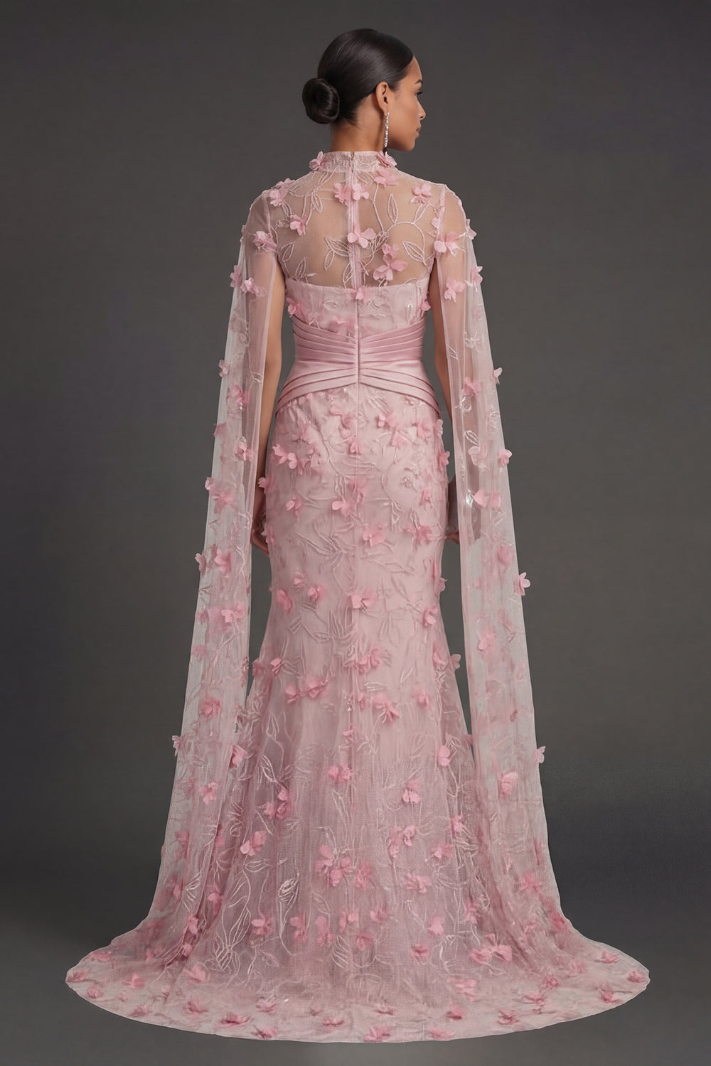 Pink Floral Sheath Illusion Neck Appliqued Long Formal Dress with Cape