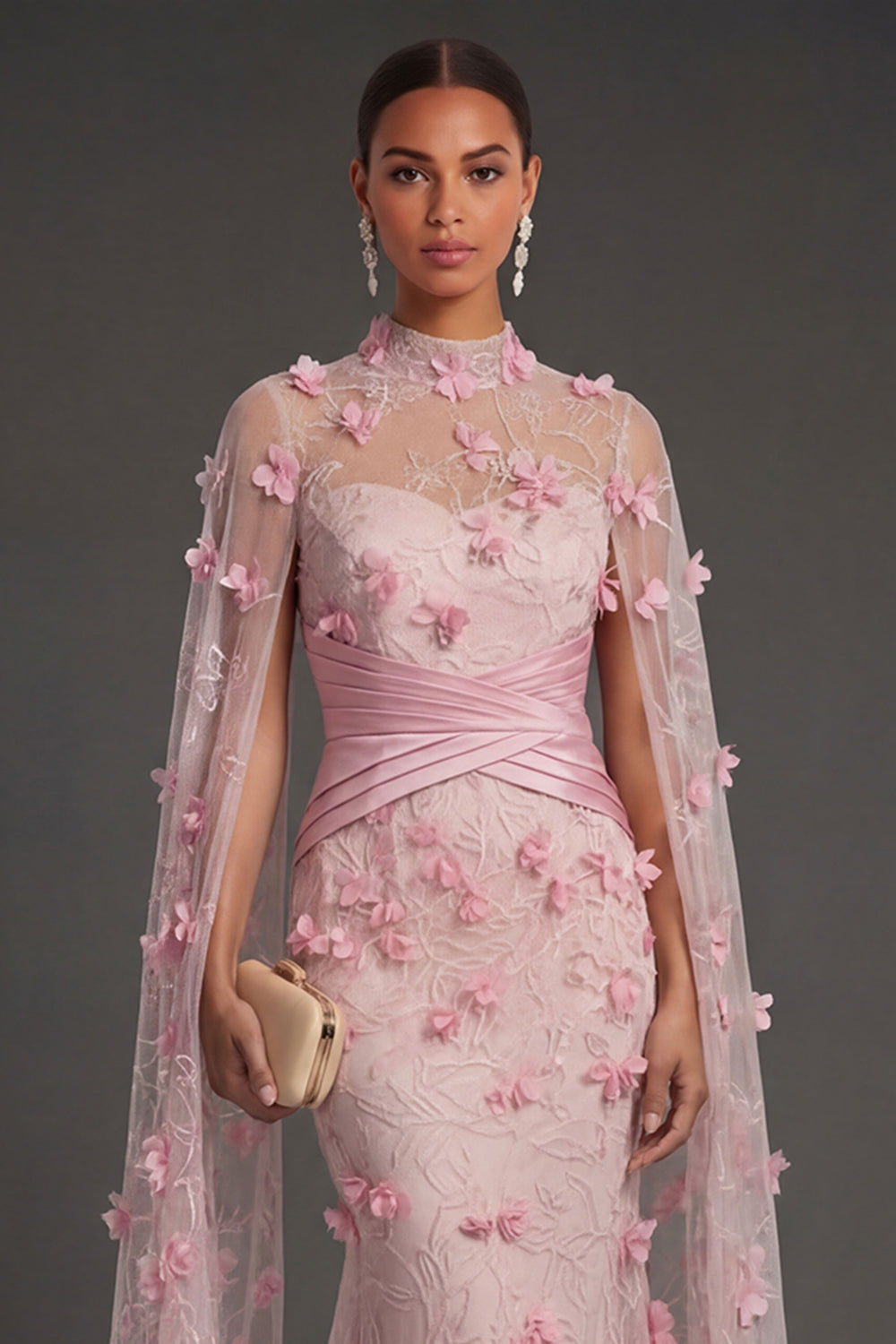 Pink Floral Sheath Illusion Neck Appliqued Long Formal Dress with Cape