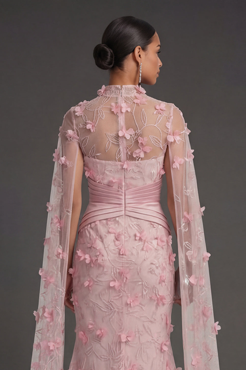 Pink Floral Sheath Illusion Neck Appliqued Long Formal Dress with Cape