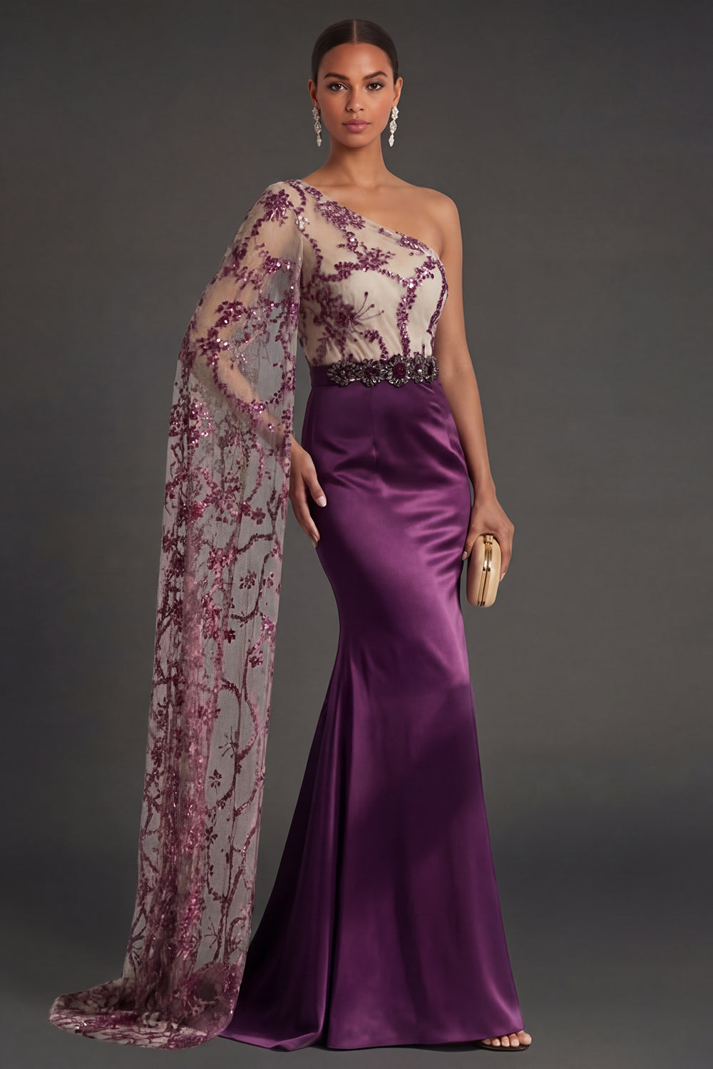One Shoulder Dark Purple Sequined Sheath Long Formal Dress with Cape