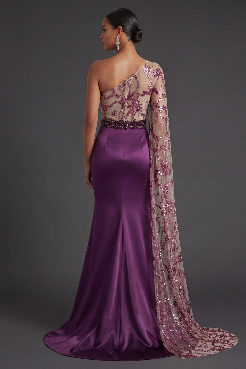 One Shoulder Dark Purple Sequined Sheath Long Formal Dress with Cape