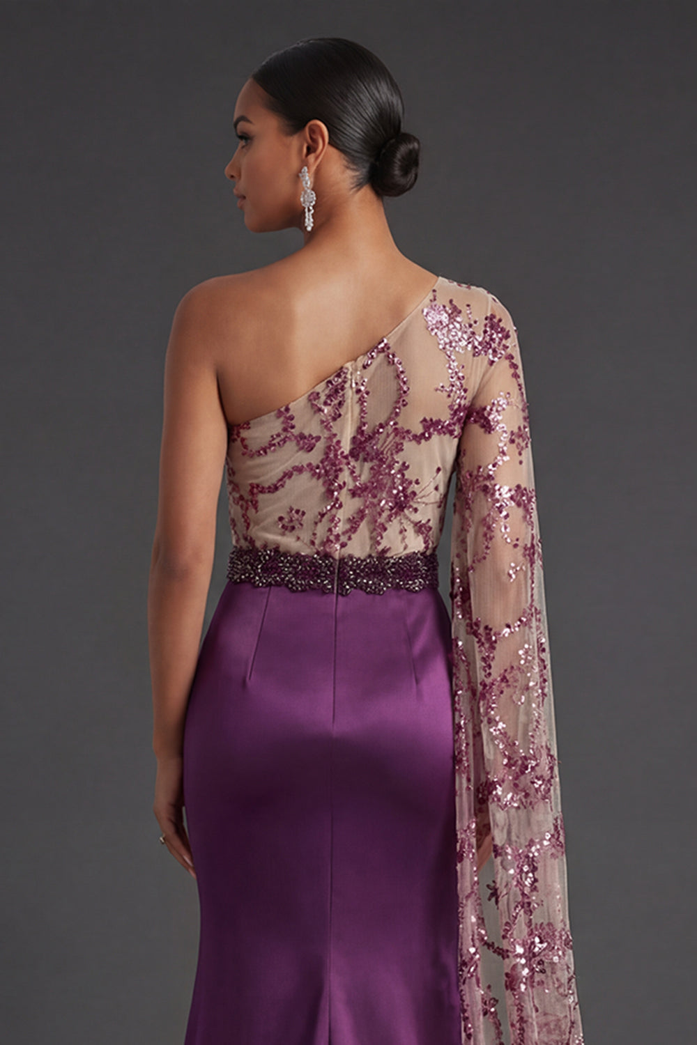 One Shoulder Dark Purple Sequined Sheath Long Formal Dress with Cape