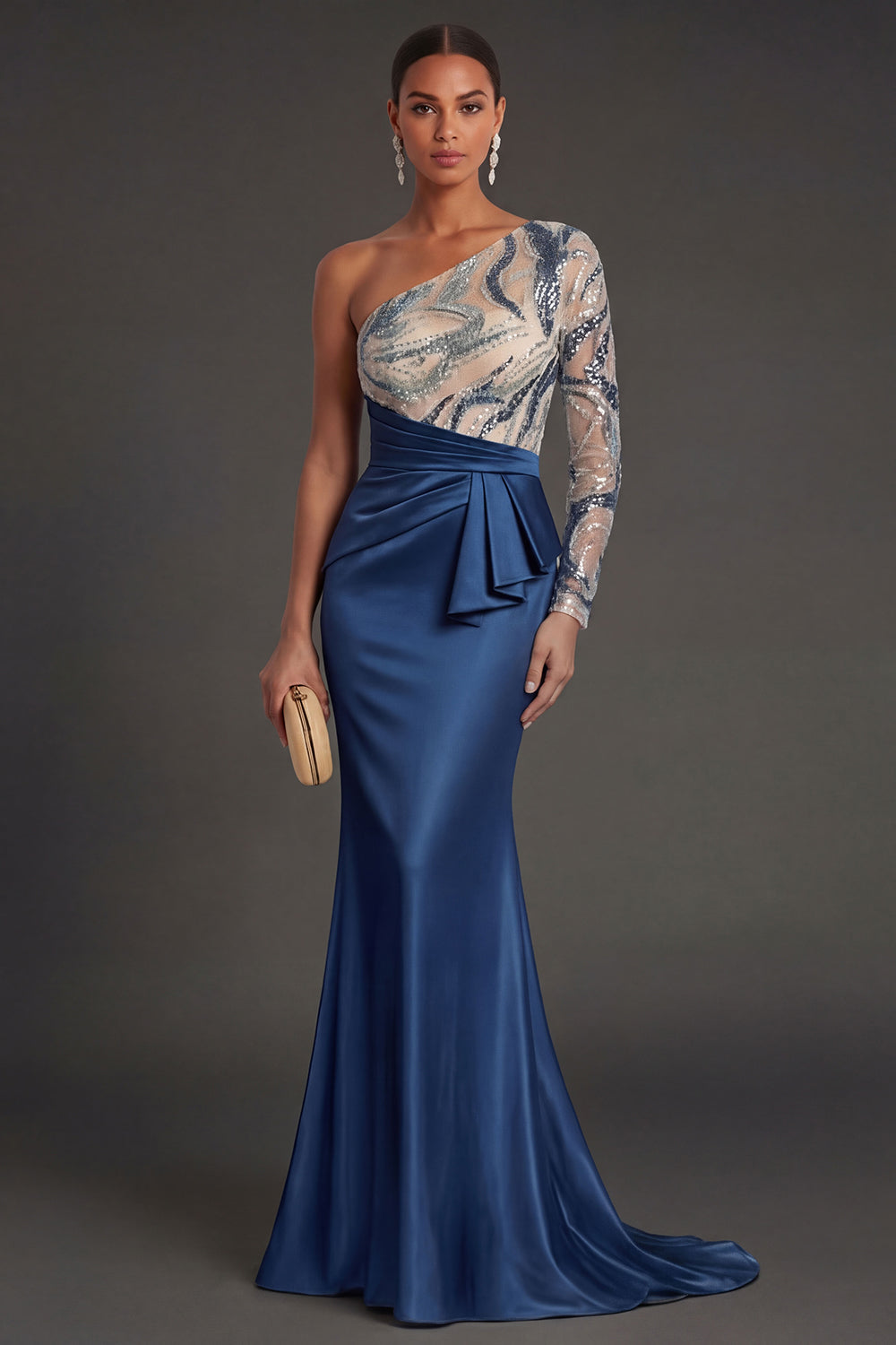 Navy Mermaid One Shoulder Ruched Long Formal Dress