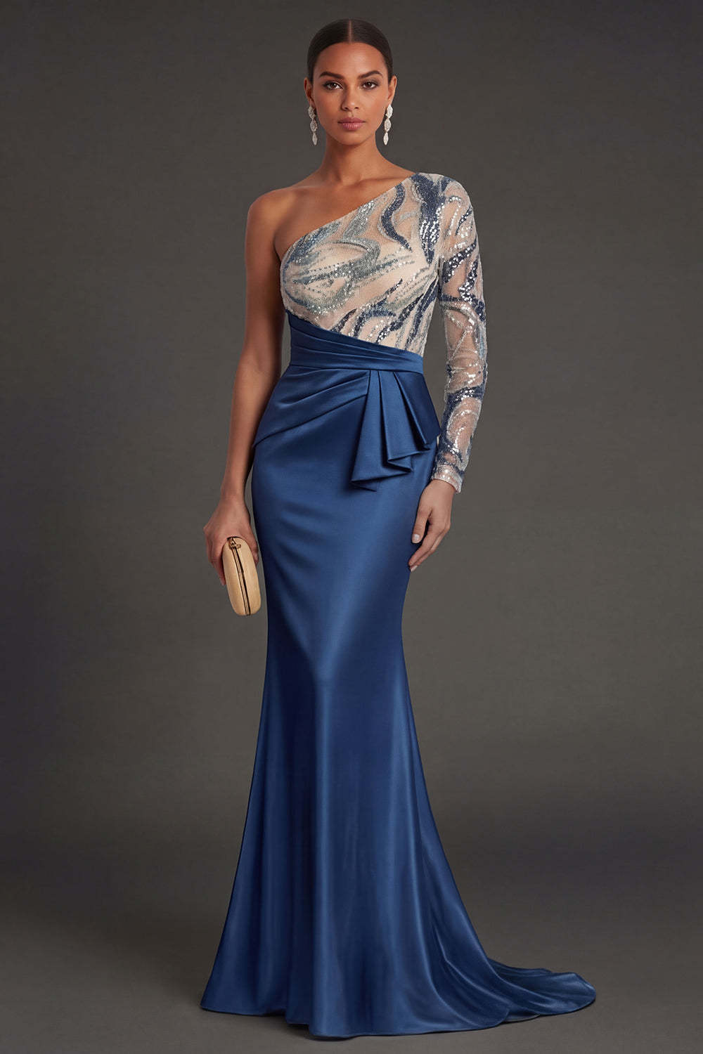 Leely Women Navy Mermaid One Shoulder Long Formal Dress Ruched Backless Sleeveless Evening Dress