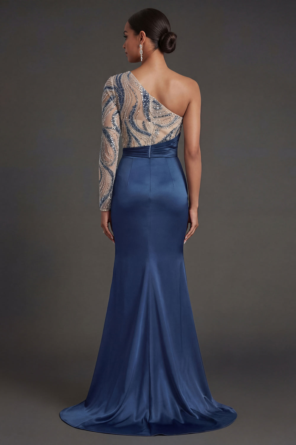 Navy Mermaid One Shoulder Ruched Long Formal Dress