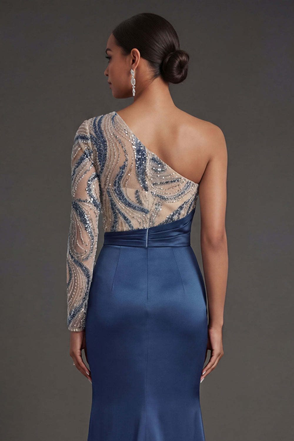 Navy Mermaid One Shoulder Ruched Long Formal Dress