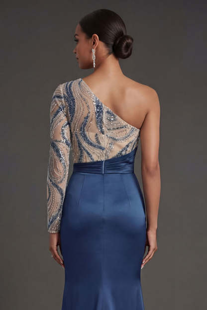 Navy Mermaid One Shoulder Ruched Long Formal Dress