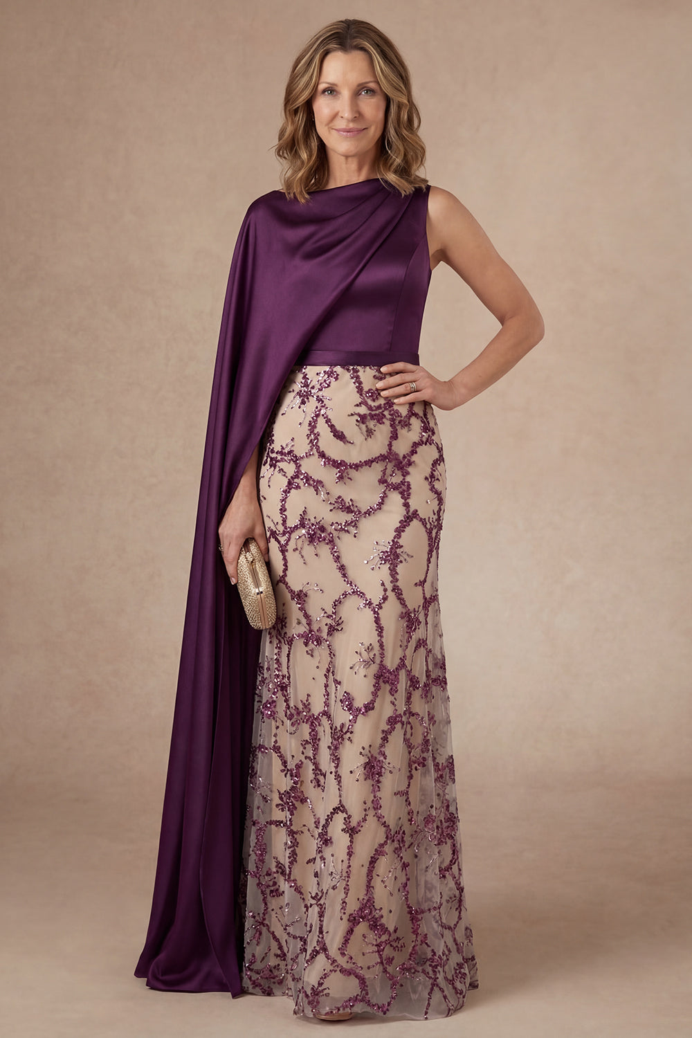 Leely Women Dark Purple Sheath Satin Long Mother of the Bride Dress Appliqued Round Neck Evening Dress