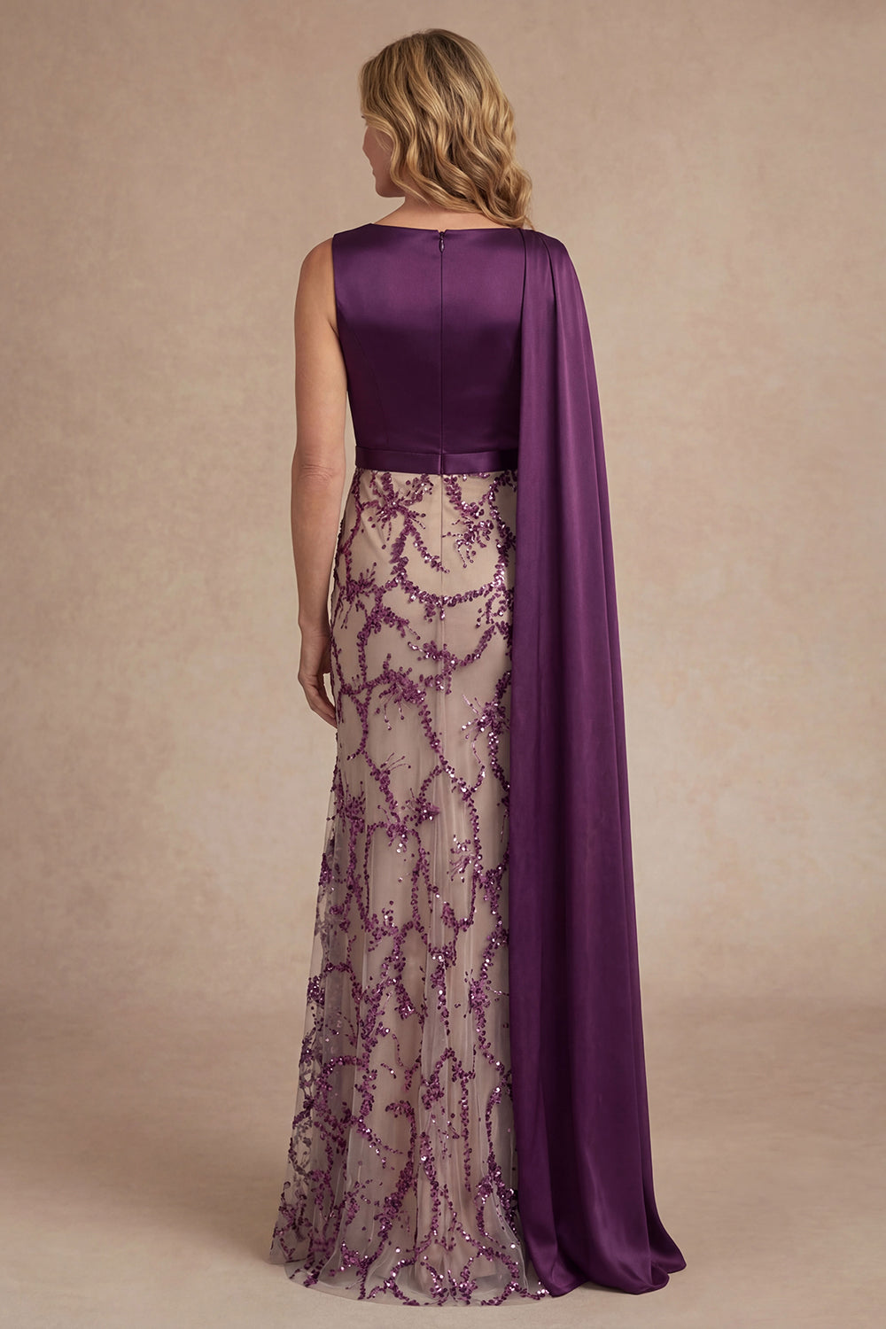Dark Purple Sheath Appliqued Satin Long Mother of the Bride Dress