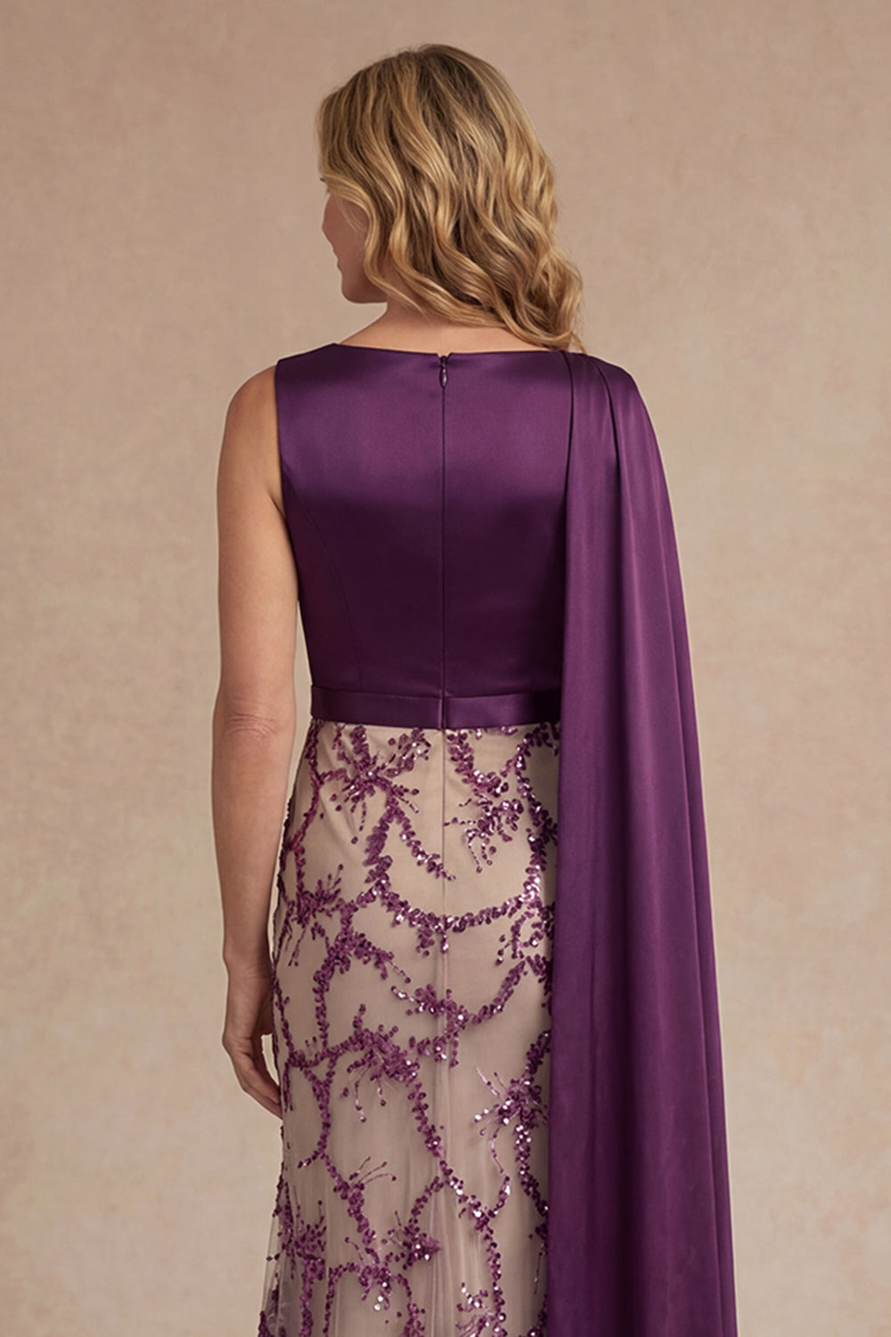 Dark Purple Sheath Appliqued Satin Long Mother of the Bride Dress