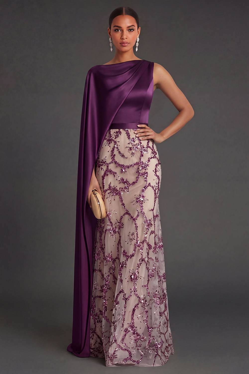 Dark Purple Sheath Appliqued Satin Long Formal Dress