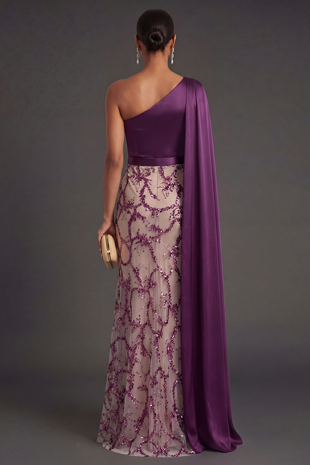 Dark Purple Sheath Appliqued Satin Long Formal Dress