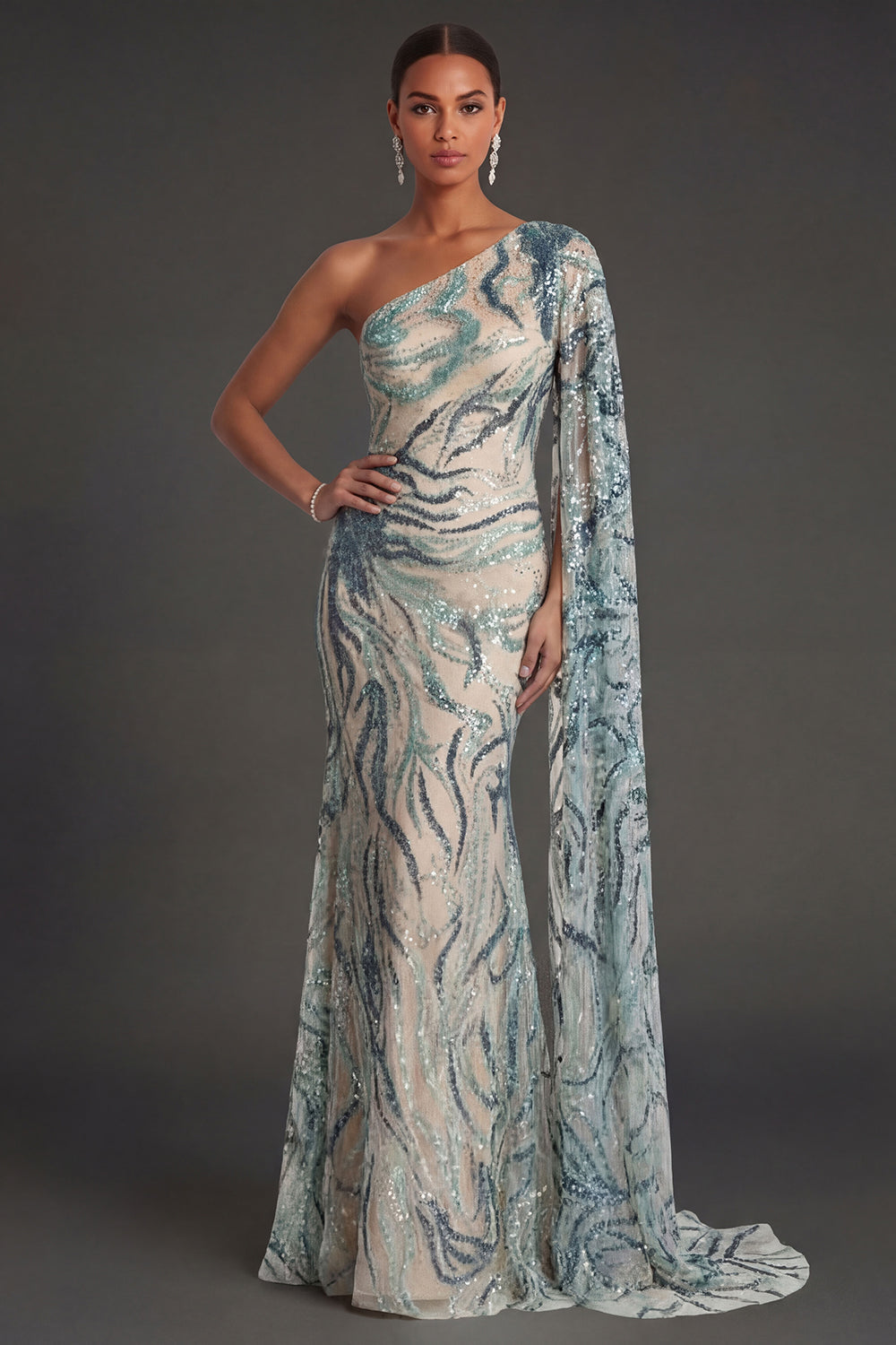 Leely Women Sheath Light Blue Sparkly One Shoulder Long Formal Dress Sequined Sleeveless Backless Wedding Guest Dress