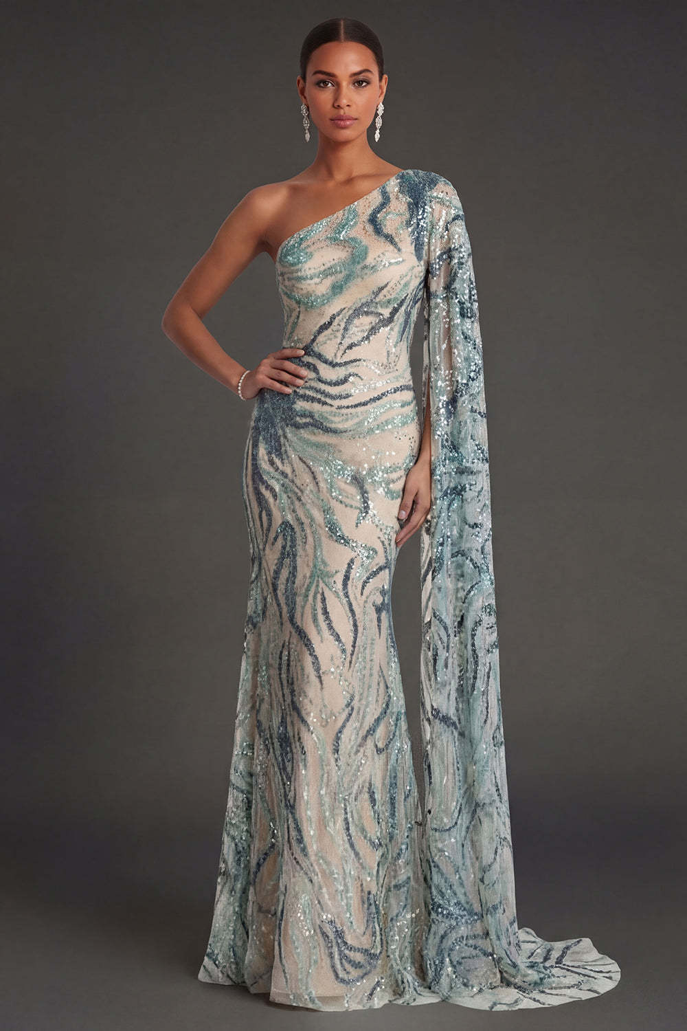 Leely Women Sheath Light Blue Sparkly One Shoulder Long Formal Dress Sequined Sleeveless Backless Wedding Guest Dress