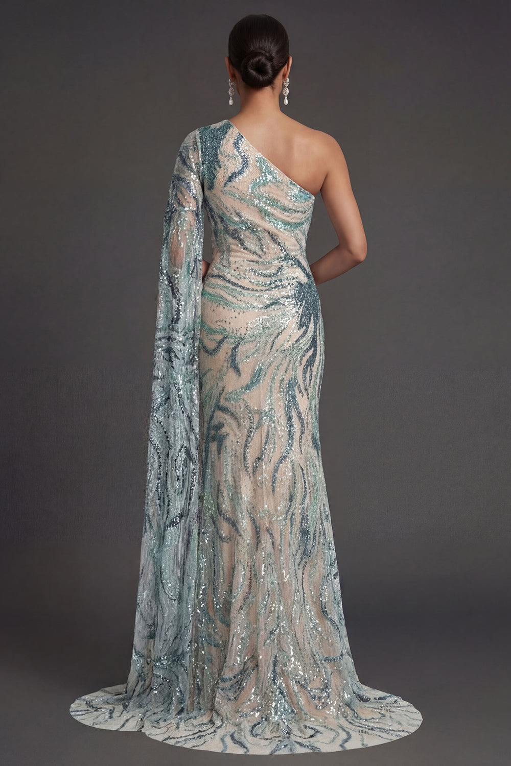 Sheath Light Blue Sparkly Sequined One Shoulder Long Formal Dress