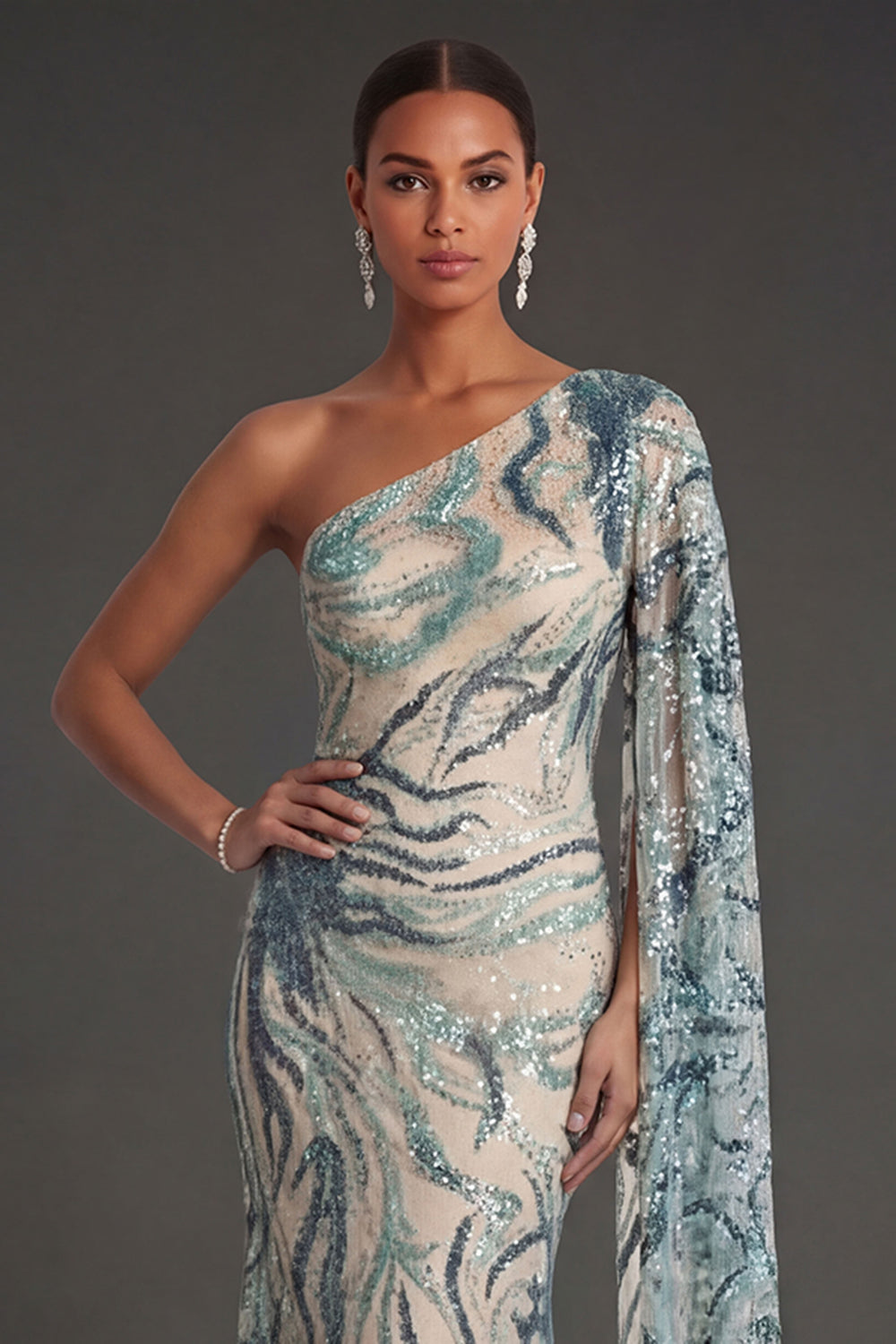 Sheath Light Blue Sparkly Sequined One Shoulder Long Formal Dress