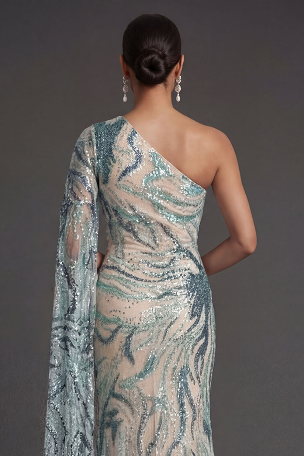 Sheath Light Blue Sparkly Sequined One Shoulder Long Formal Dress