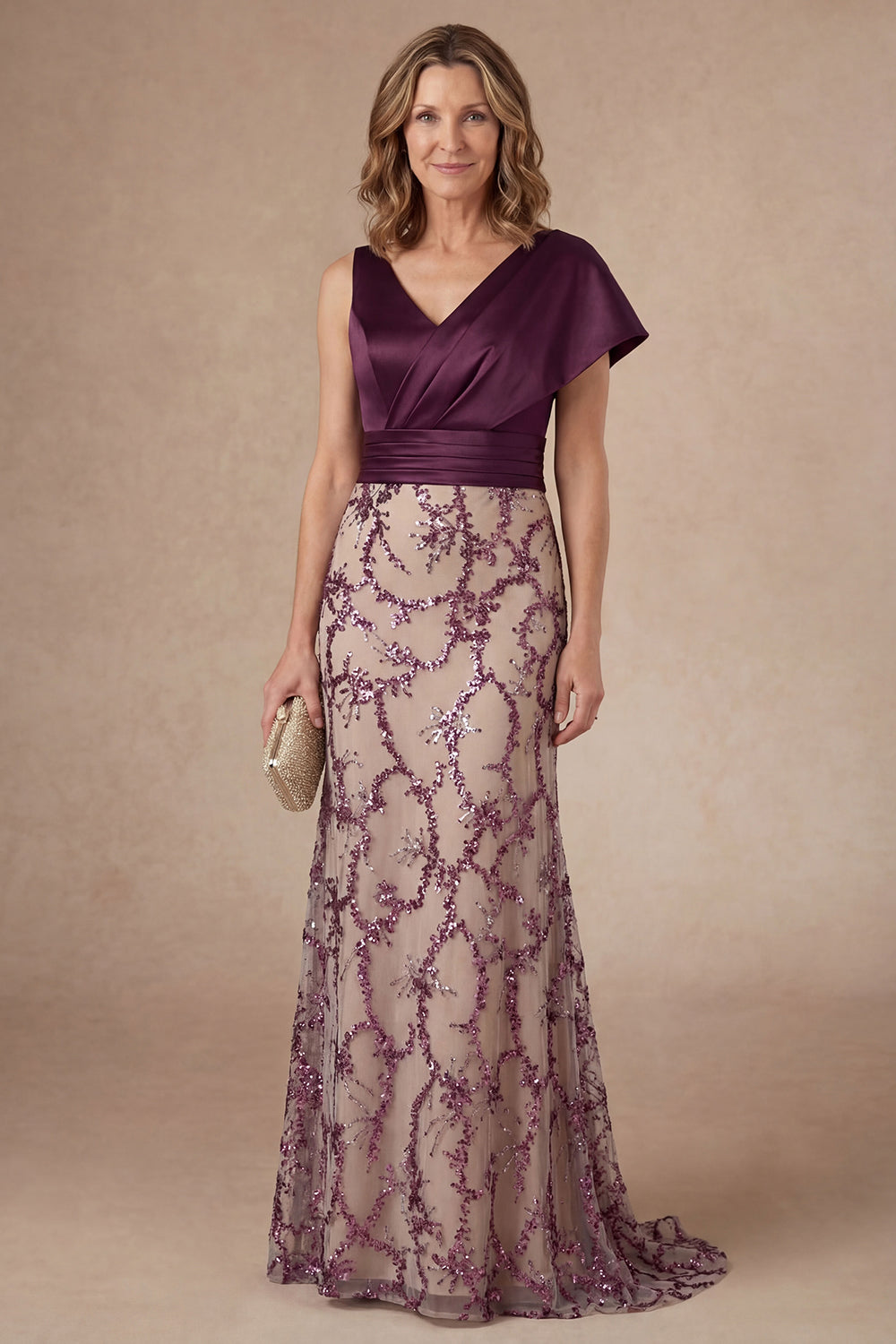 Dark Purple V Neck Mermaid Sleeveless Long Mother of the Bride Dress