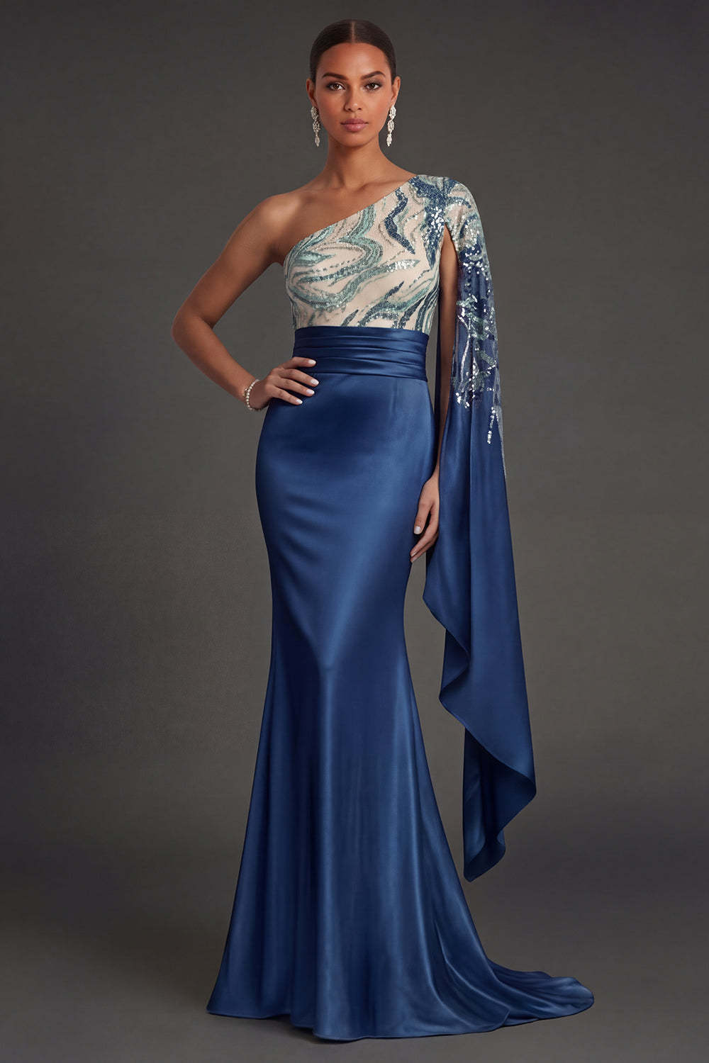 Leely Women Satin Mermaid Navy One Shoulder Sparkly Long Formal Dress Sequined Backless Sleeveless Wedding Guest Dress