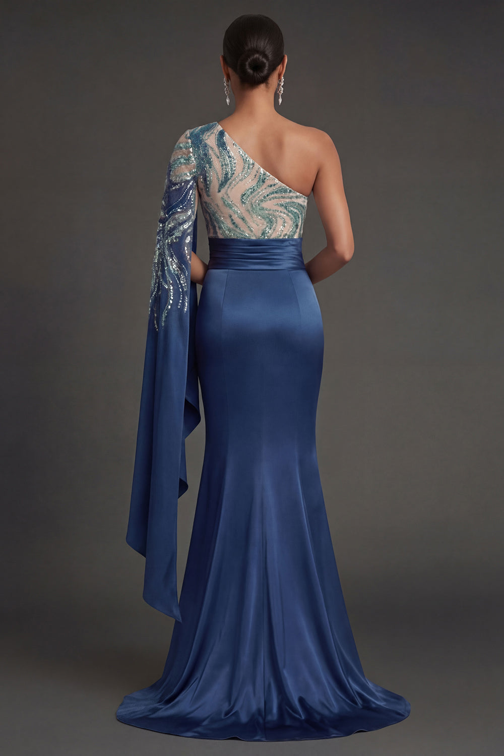 Satin Mermaid Navy One Shoulder Sparkly Sequined Long Formal Dress
