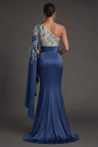 Satin Mermaid Navy One Shoulder Sparkly Sequined Long Formal Dress