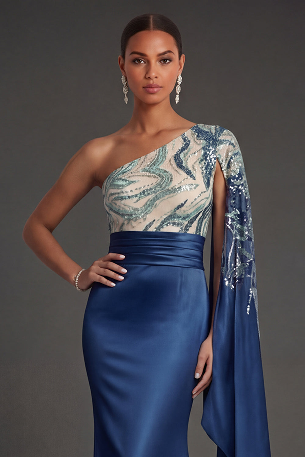 Satin Mermaid Navy One Shoulder Sparkly Sequined Long Formal Dress
