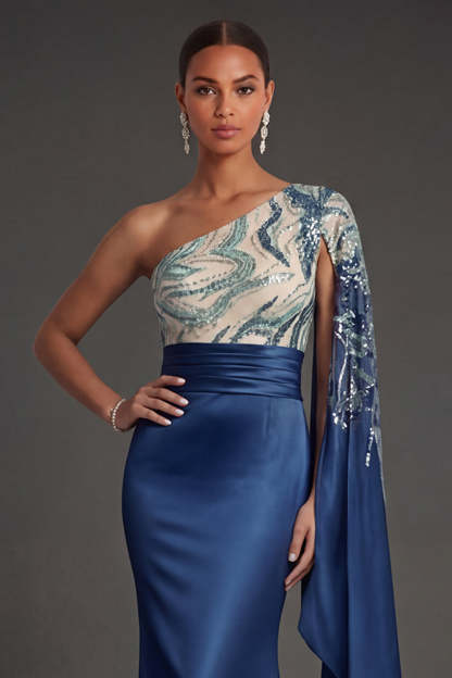Satin Mermaid Navy One Shoulder Sparkly Sequined Long Formal Dress