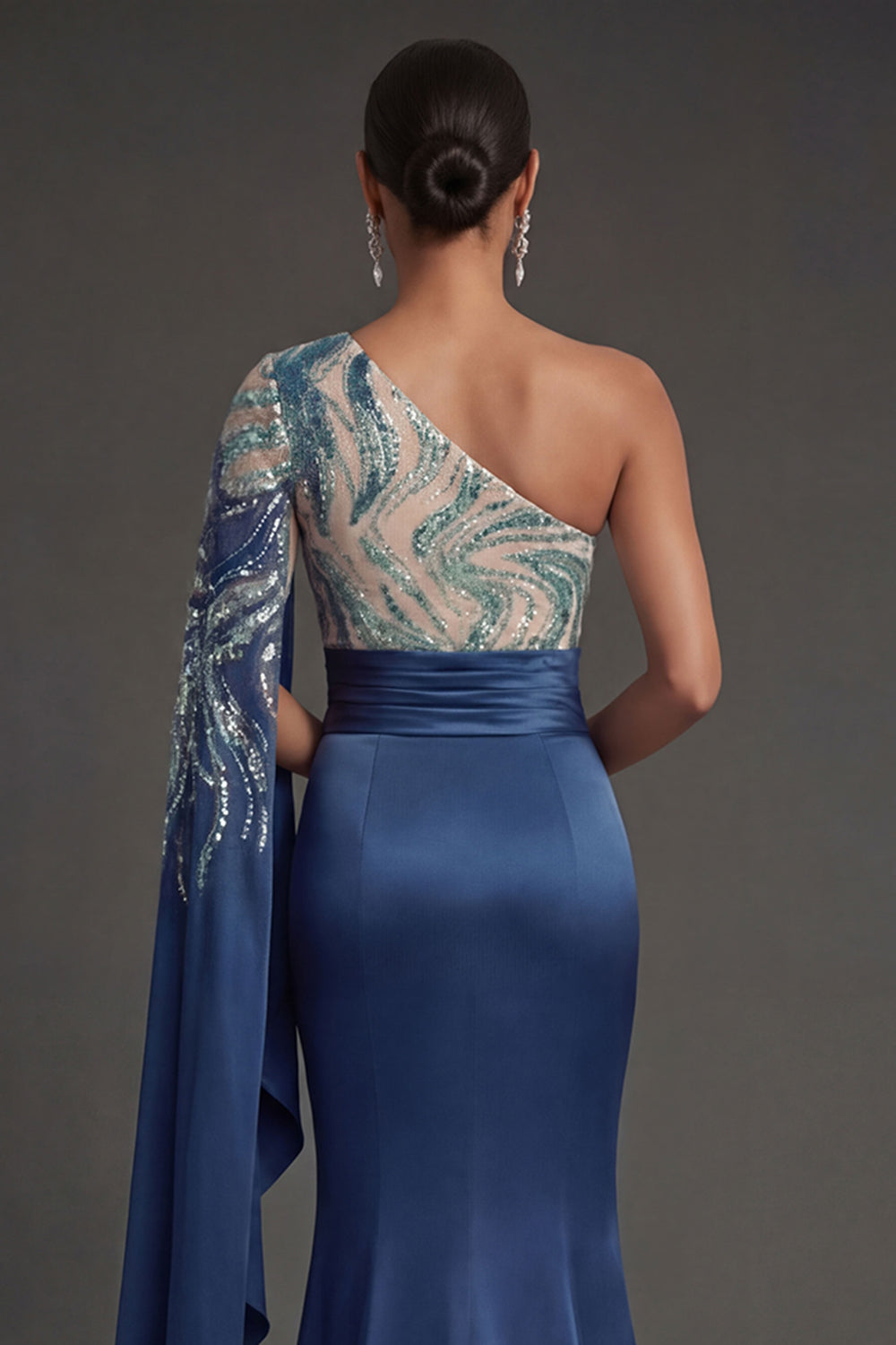 Satin Mermaid Navy One Shoulder Sparkly Sequined Long Formal Dress