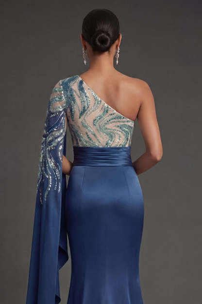 Satin Mermaid Navy One Shoulder Sparkly Sequined Long Formal Dress