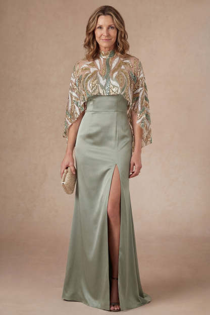 Leely Women Light Green Satin Sheath Long Mother of the Bride Dress with Cape Spaghetti Straps Sleeveless Backless Evening Dress with Slit