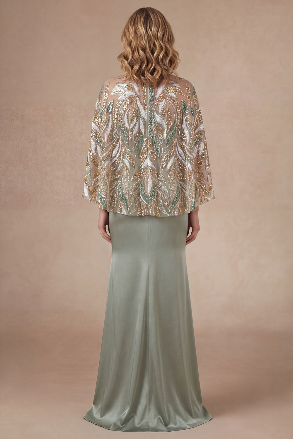 Light Green Satin Sheath Spaghetti Straps Long Mother of the Bride Dress with Cape