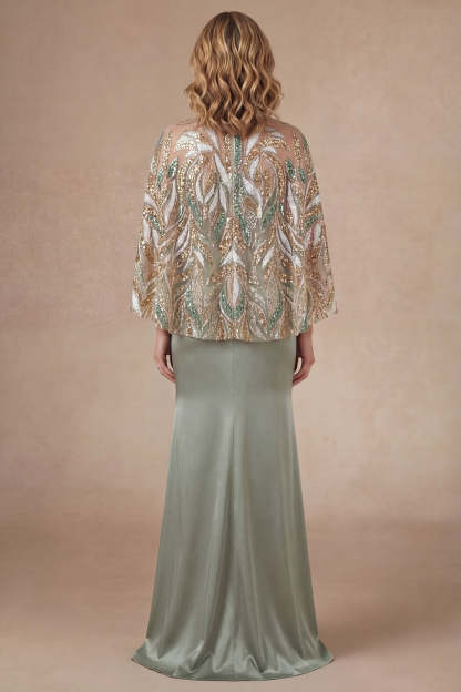 Light Green Satin Sheath Spaghetti Straps Long Mother of the Bride Dress with Cape