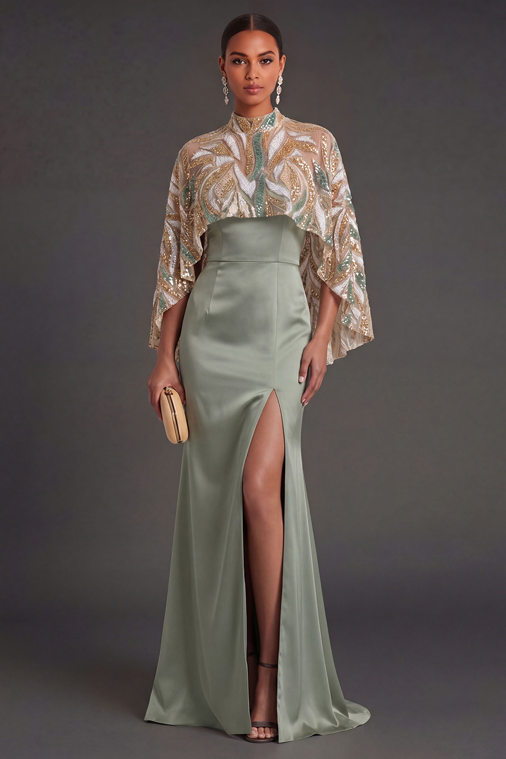 Leely Women Light Green Satin Sheath Long Formal Dress with Cape Spaghetti Straps Sleeveless Backless Evening Dress with Slit