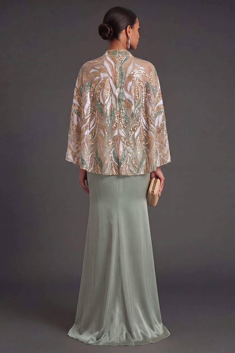 Light Green Satin Sheath Spaghetti Straps Long Formal Dress with Cape