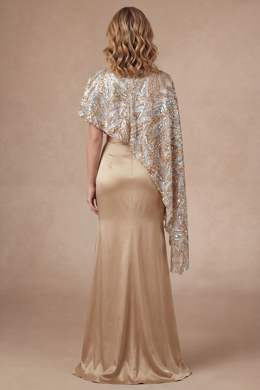 Satin Sheath Champagne Spaghetti Straps Long Mother of the Bride Dress with Cape