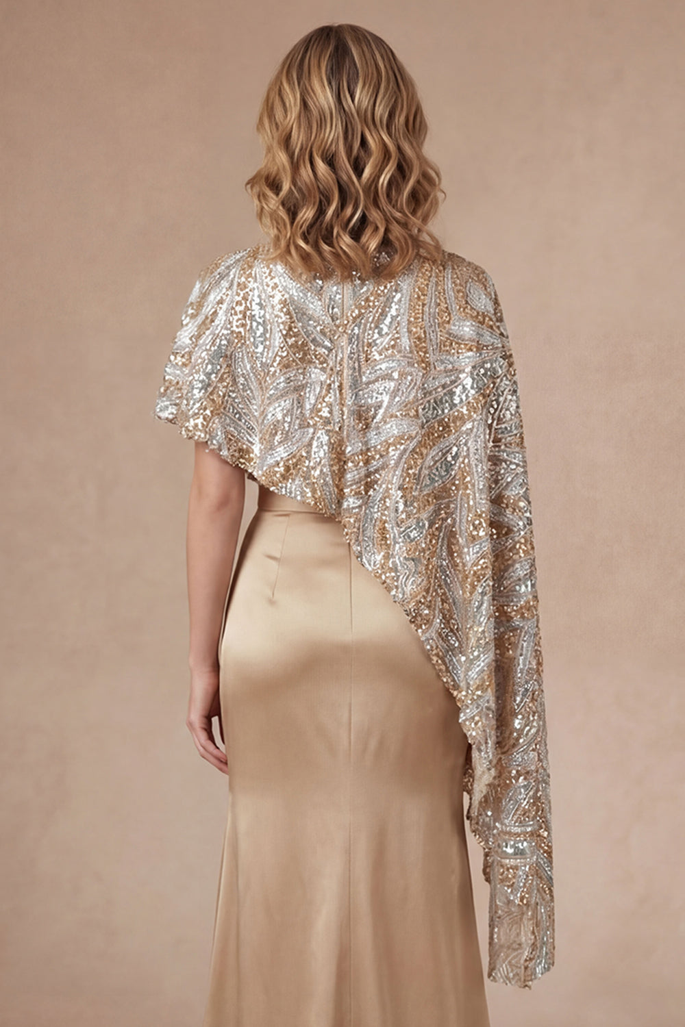 Satin Sheath Champagne Spaghetti Straps Long Mother of the Bride Dress with Cape