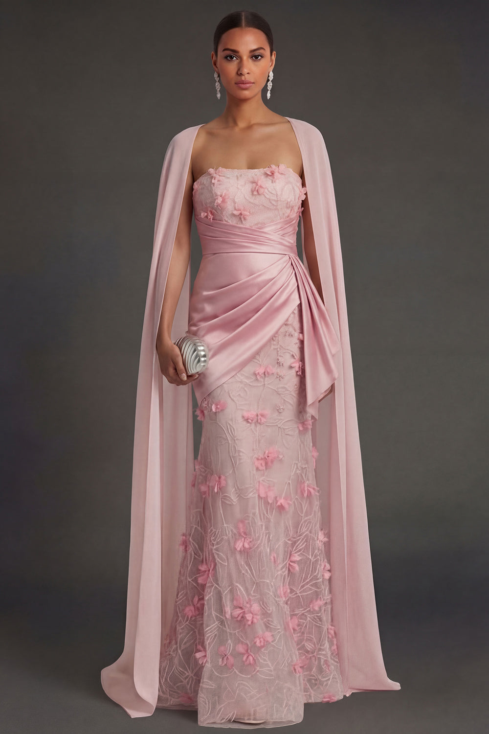 Floral Appliqued Sheath Ruched Strapless Backless Pink Long Formal Dress