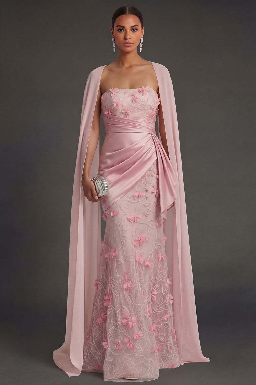 Leely Women Floral Appliqued Sheath Backless Pink Long Formal Dress Ruched Strapless Wedding Guest Dress