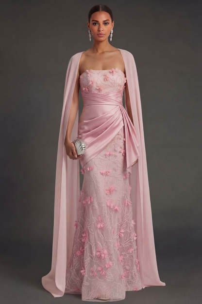 Leely Women Floral Appliqued Sheath Backless Pink Long Formal Dress Ruched Strapless Wedding Guest Dress