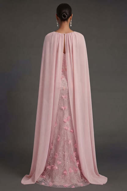 Floral Appliqued Sheath Ruched Strapless Backless Pink Long Formal Dress